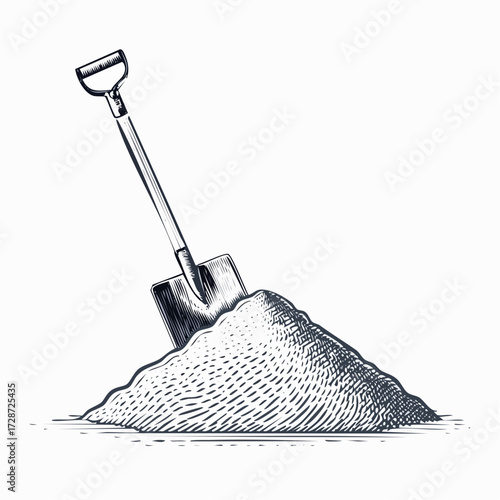 A vintage shovel or spade stuck in a pile of dirt, hand-drawn sketch in a classic woodcut or engraving style isolated on white