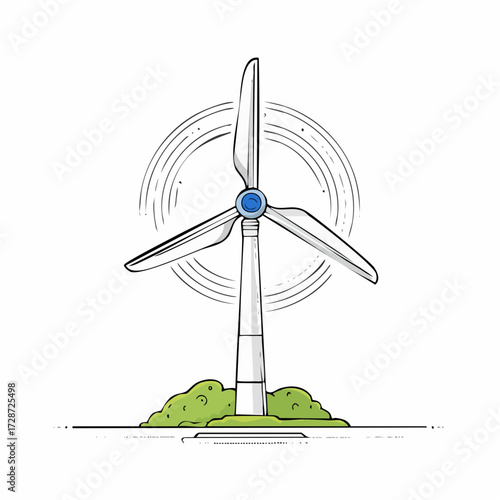 A stylized hand-drawn illustration of a single wind turbine, representing renewable energy and sustainable technology, isolated on a white background