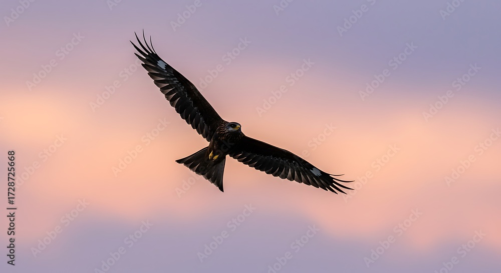 Obraz premium Soaring bird silhouette against colorful sky at sunset or sunrise