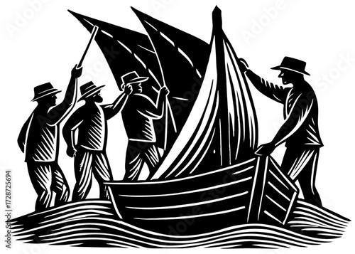 Sailors Raising Sail Silhouette, Columbus Day Nautical SVG, PNG