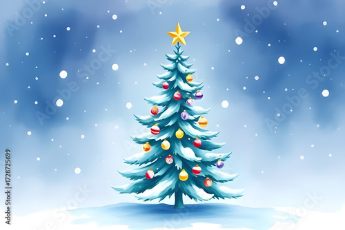 A illustration of Snowy Winter Night with a Decorated Christmas Tree