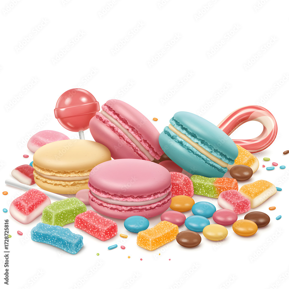 Obraz premium A front view of colorful candies paired with French macarons, showcasing vibrant hues, playful textures, and a sweet, festive presentation