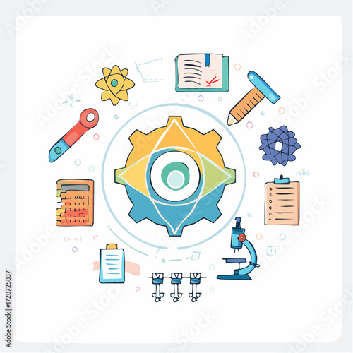 E-learning concept illustration with a laptop surrounded by educational and achievement icons.