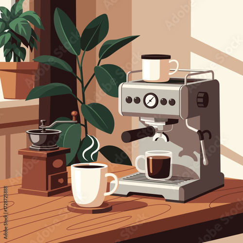 Savor the rich aroma of freshly brewed coffee with a modern espresso machine and grinder in a cozy, sunlit kitchen nook