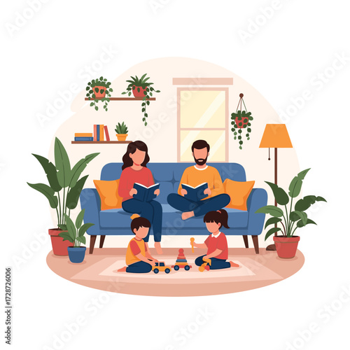 Joyful family enjoys cozy evening reading and playing together in a warm, inviting living room setting