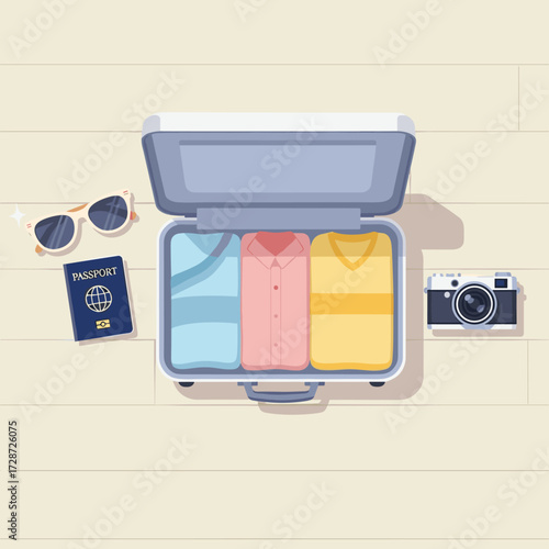 Exciting vacation awaits with neatly packed suitcase, passport, sunglasses, and camera ready for adventure
