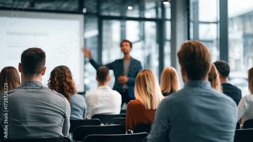 Business presentation for corporate training at modern office space with engaged audience