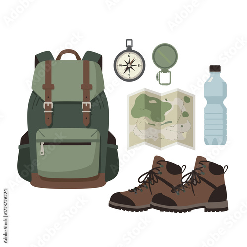 Embark on an adventure with this essential outdoor gear collection featuring a backpack, hiking boots, compass, map, and water bottle.