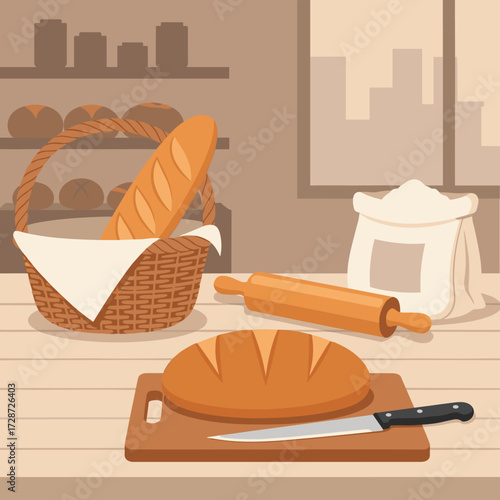 Artisanal baking concept illustration with freshly baked bread on a cutting board, baguettes in a basket, flour, and essential kitchen tools