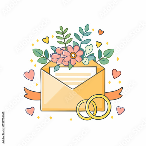 Floral Wedding Invitation Envelope with Rings, Flowers, and Ribbon in Elegant Vector Design