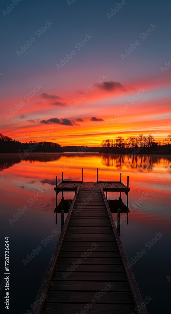Fototapeta premium Sunset over calm lake with pier