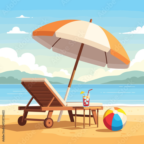 Relaxing beach scene with lounge chair, umbrella, and drink, inviting a peaceful vacation getaway