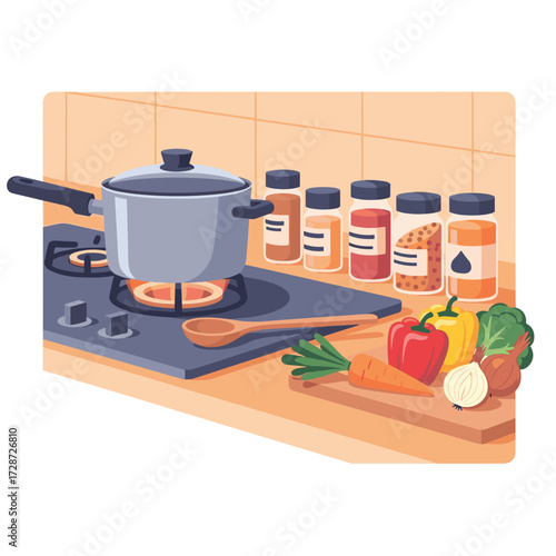 An inviting kitchen illustration showcasing the joy of home cooking, with fresh vegetables, spices, and a pot simmering on the stove, perfect for food preparation and healthy meal concepts