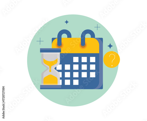 flat-design circular icon depicts time management or scheduling. A calendar is paired with an hourglass, symbolizing deadlines and planning, on a white background.