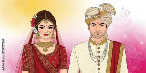 Colorful digital illustration of an Indian bride and groom dressed in ornate traditional garments