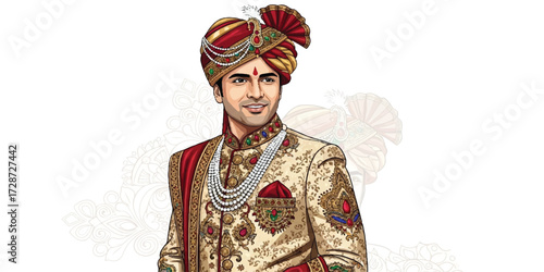 Richly detailed digital artwork of an Indian groom wearing an ornate sherwani and festive accessories.
