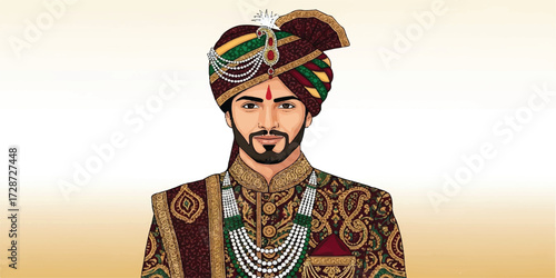 Elegant Indian Groom Illustration in Traditional Wedding Attire