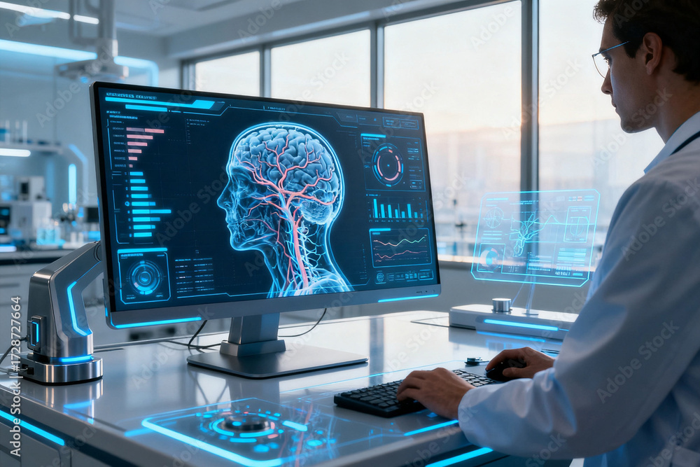 © Big - Scientist analyzing brain scan data on a high-tech computer interface in a modern laboratory