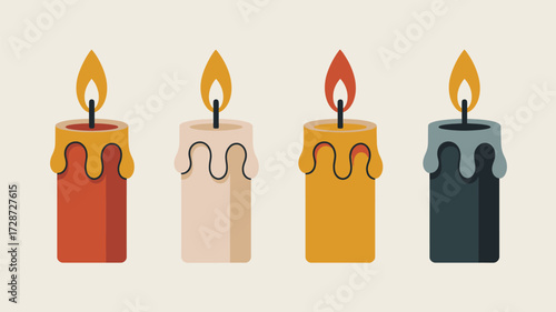 Four decorative candles with different colors and melting wax in a row on a neutral background