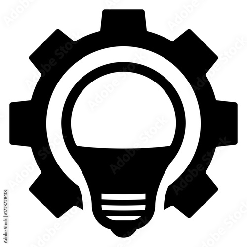 Logo innovación industrial. Icono silueta de bombilla en engranaje