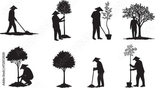 Tree planting silhouette icons, black vector gardening actions, environmental care illustration, nature conservation concept, person planting and nurturing trees for education