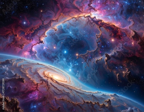 Cosmic nebulae swirling around a galaxy