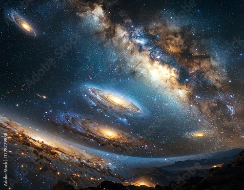 Cosmic panorama of swirling galaxies and a celestial sphere