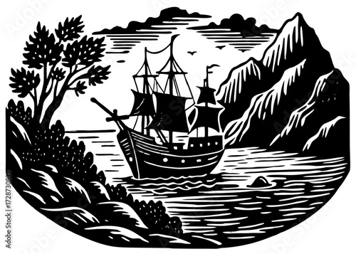 Ship Arriving Shore Silhouette, Columbus Day Voyage SVG, PNG