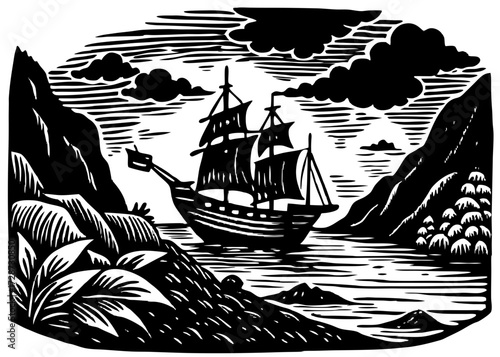 Ship Arriving Shore Silhouette, Columbus Day Voyage SVG, PNG