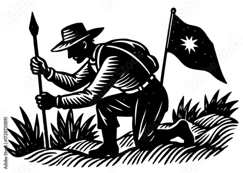 Explorer Planting Flag Silhouette, Columbus Day Landfall SVG, PNG