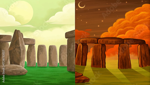 vector Stonehenge in England, United Kingdom, prehistoric monument, ancient mystery, cultural heritage, world-famous landmark, and historic tourism destination illustration