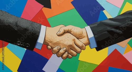 Abstract Business Partnership Handshake with Vibrant Colorful Background