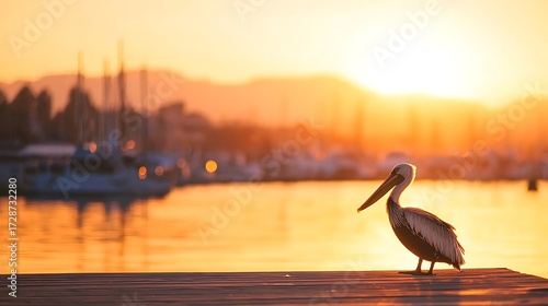 A pelican stands on a wooden dock at sunset with boats in the harbor