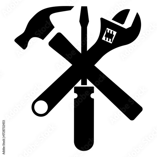 Logo men at work. Icono silueta de llave inglesa y martillo cruzados con destornillador 