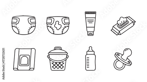 Collection of baby care essentials icons including diapers wipes cream bottle and pacifier for new parents vector