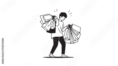 Overwhelmed shopper carrying many bags struggling with purchases and errands vector