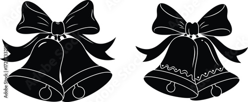 Christmas Bell Silhouette Vector Set with Decorative Ribbons and Patterns for Holiday, Celebration, Festive, and Seasonal Design Themes