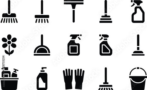 Cleaning Tools Silhouette Vector Set Featuring Brooms, Sprays, Gloves, Buckets, and Supplies for Hygiene, Maintenance, and Housekeeping Design Themes