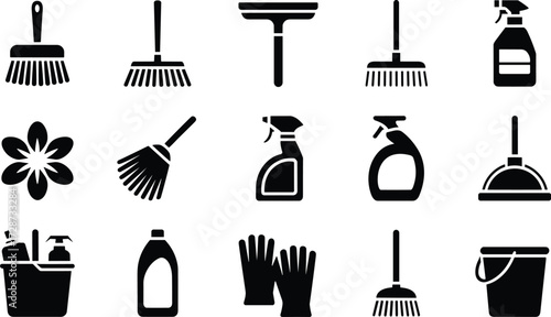 Cleaning Tools Silhouette Vector Set Featuring Brooms, Sprays, Gloves, Buckets, and Supplies for Hygiene, Sanitation, and Housekeeping Design Themes