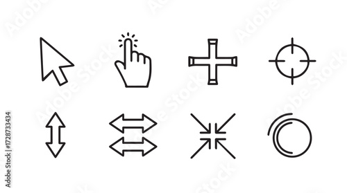 Set of eight simple line art cursor icons representing different computer mouse pointers and navigation tools vector