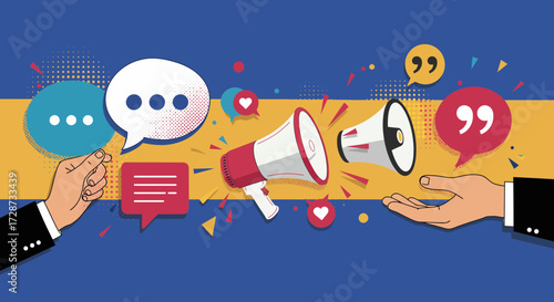 Digital marketing concept with megaphone and speech bubbles for communication campaign