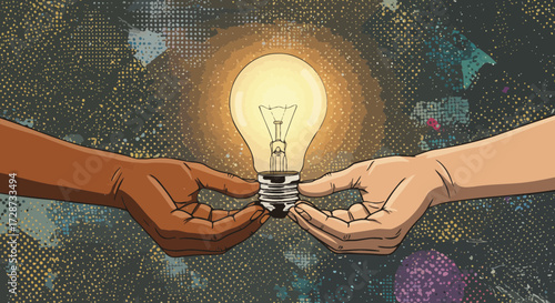 Diverse hands uniting to power innovation with a bright idea lightbulb