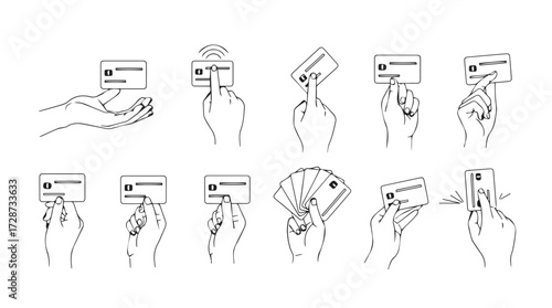 Collection of hand gestures holding credit cards and cash for financial transactions vector