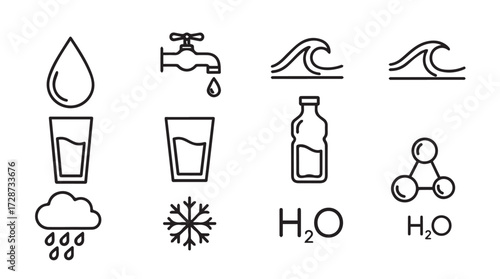 Collection of hand drawn icons representing water in various forms and sources vector