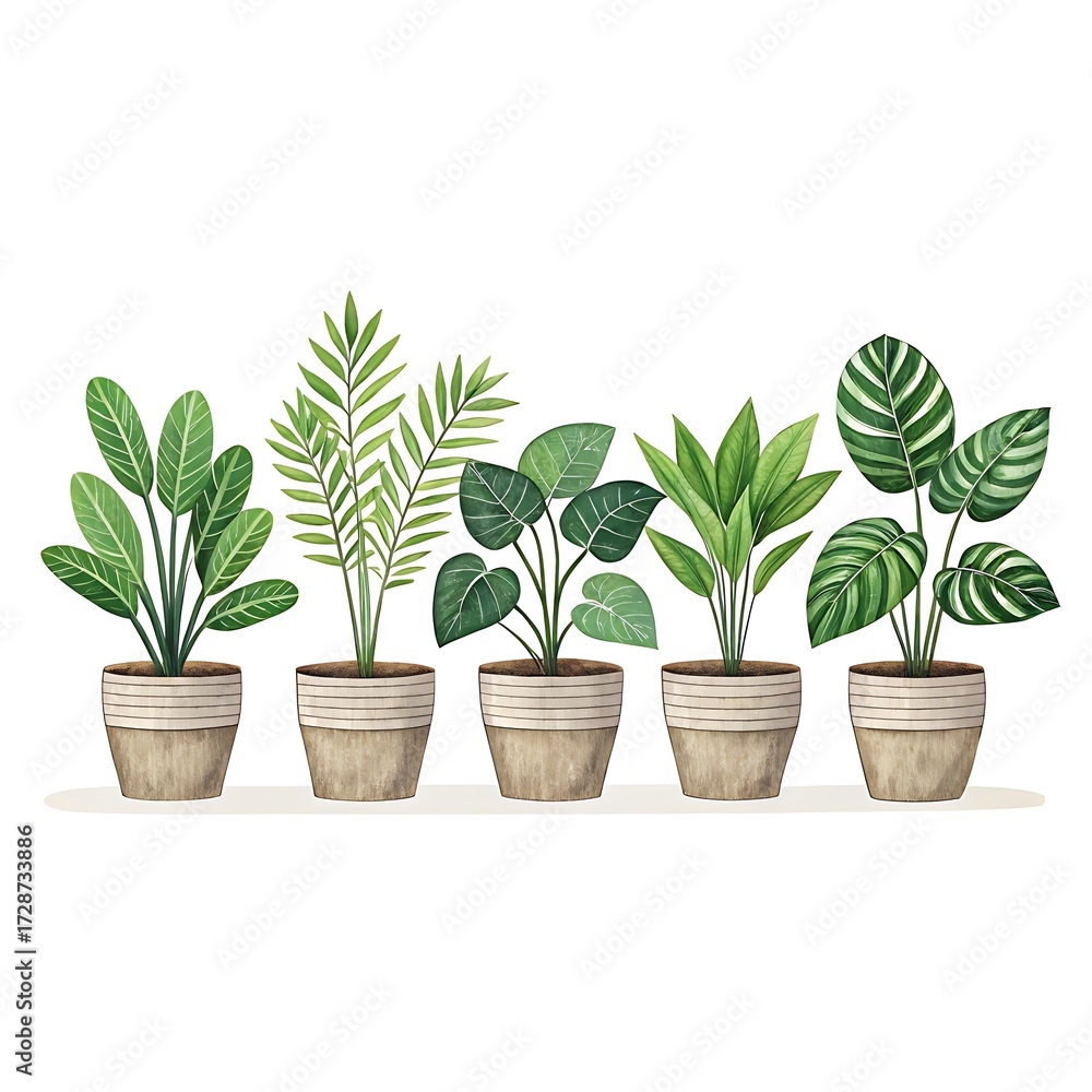 Fototapeta premium Row of diverse potted houseplants with lush green foliage