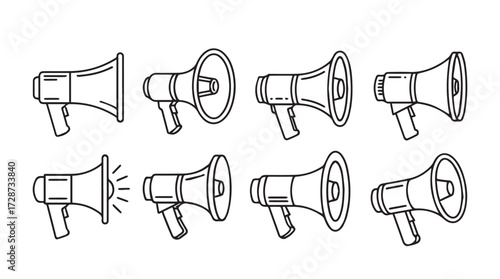 Collection of hand drawn megaphone icons representing announcements and communication vector