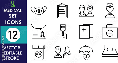 A clean medical vector icon set featuring twelve outline symbols, including mask, doctor, nurse, clipboard, IV drip, medicine, health card, hospital bed, and umbrella