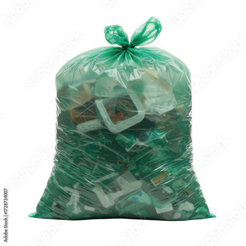 Full green garbage bag isolated on transparent background