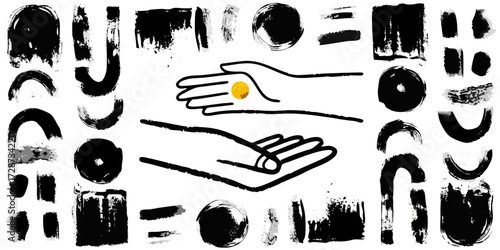 Abstract black ink brush strokes and hand gestures with a golden coin