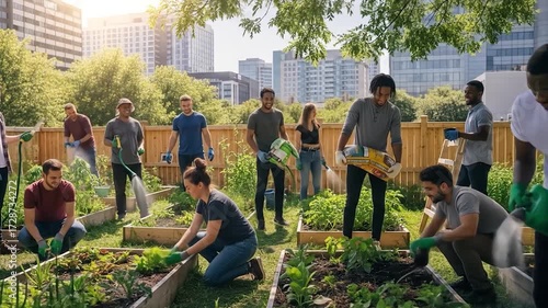 Community garden cultivation diverse group planting vegetables together in sunny outdoor urban space